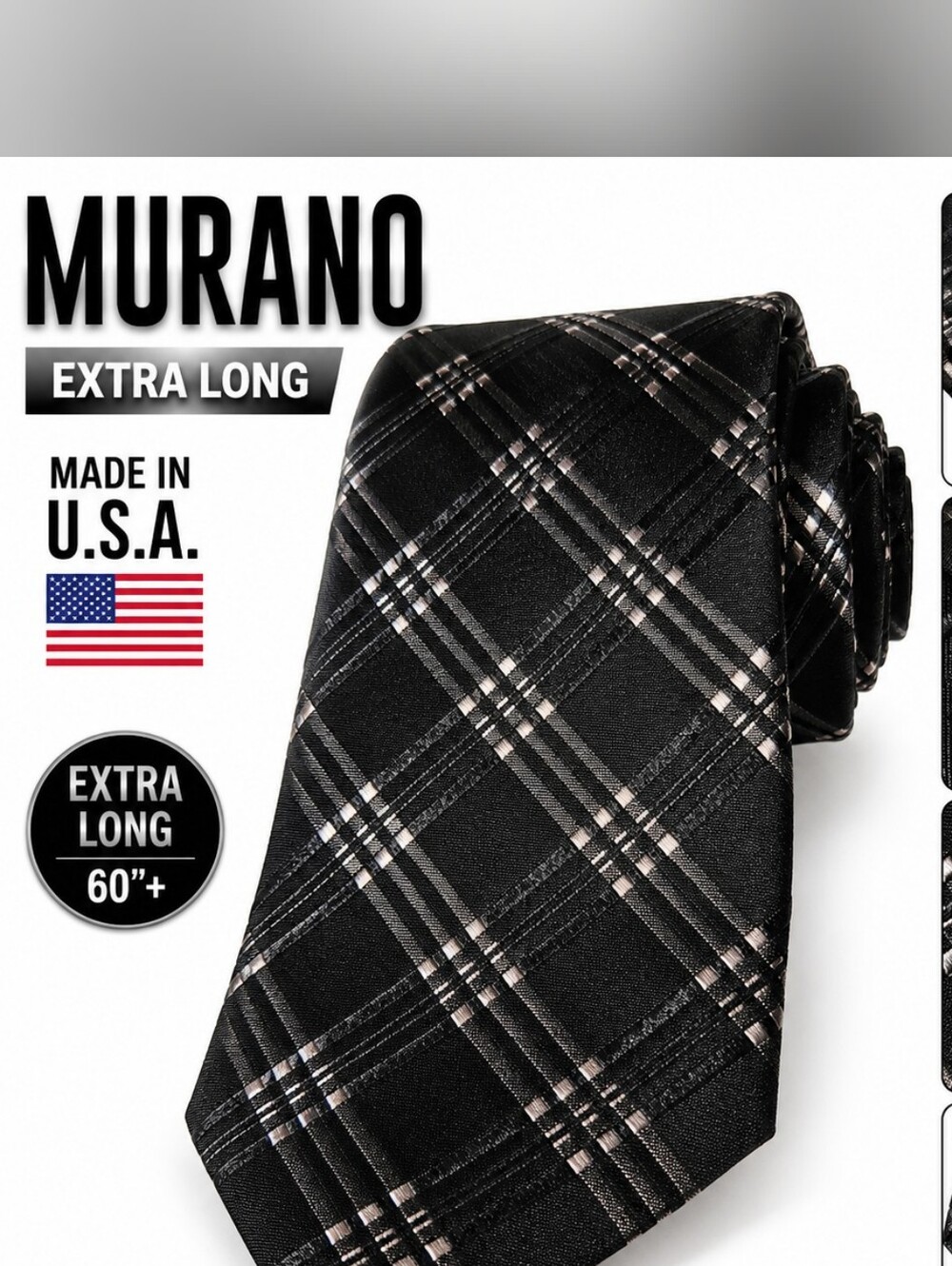 Murano Black Plaid Tie with Silver Accents